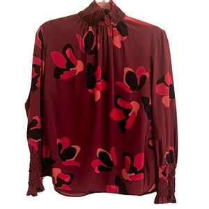 Akris Punto Burgundy Floral Print Silk Blouse with Black and Pink Accents